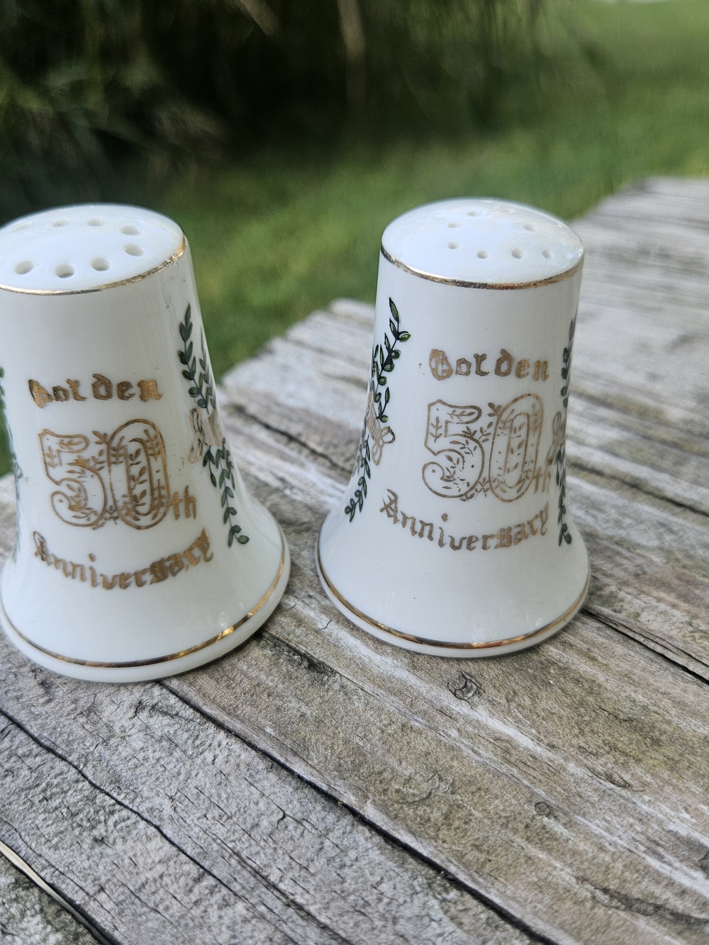 50th Golden Anniversary White and Gold Porcelain Salt and Pepper Shakers